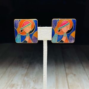VINTAGE PAINTED ENAMEL CLIP ON EARRINGS